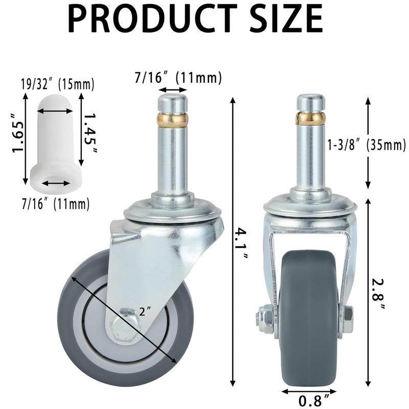 Finnhomy 2 Inches Stem Caster Wheels Set of 4 Heavy Duty 7/16 Inch Stem Diameter Swivel Casters TPR Replacement Wheels for Utility Cart/Mop Bucket/Wet & Dry Vacuum/Grills/Shop Mechanic Stool - Image 2
